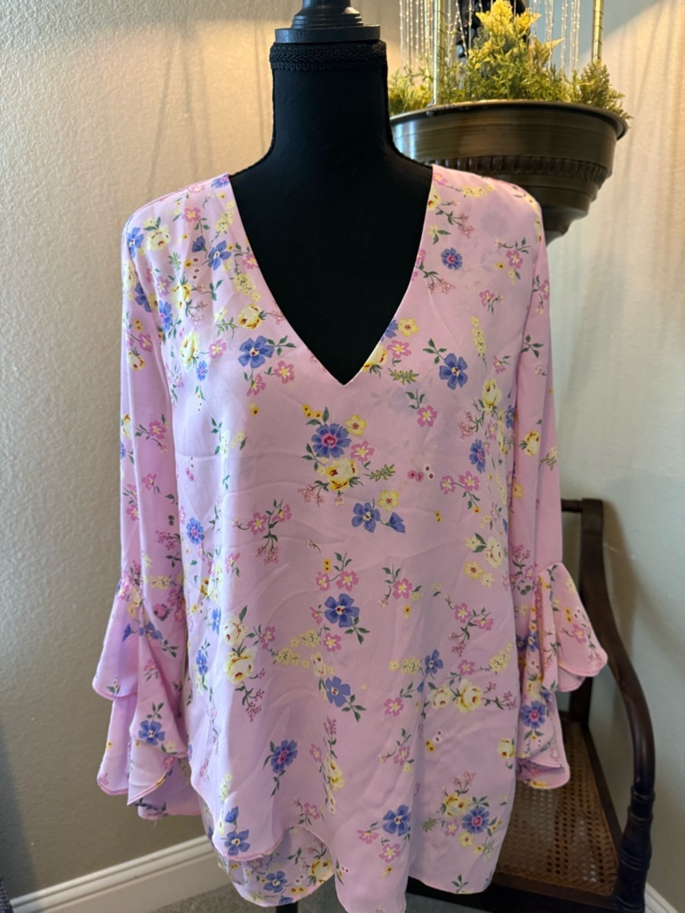 Vince Camuto Gorgeous, Pink Floral Top with Blue & Yellow Accents.